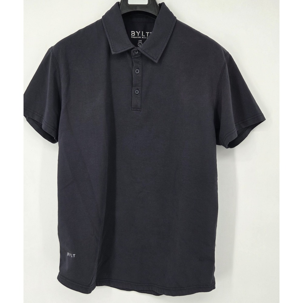 BYLT Premium Basics‎ Lux Polo Shirt Mens Large Navy Blue Short Sleeve Curved Hem